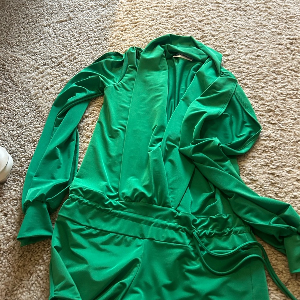 Shamrock, green, short romper, deep V-neck open long sleeve ties at the side